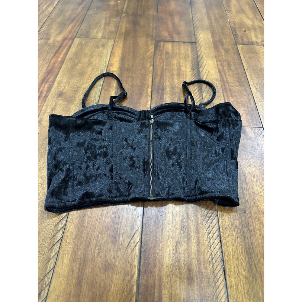 Love Crazy Corset Crop Top Womens Small Black Excellent Velvet Bustier Zip Back - Picture 8 of 8